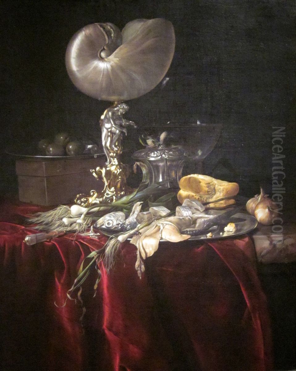 Still Life With Fish, Bread, And A Nautilus Cup Oil Painting by Willem Van Aelst