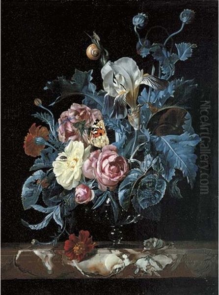 Roses, Irises, Poppies And Other Flowers In A Glass Vase, On A Marble Ledge With A Tortoiseshell Butterfly And Insects Oil Painting by Willem Van Aelst