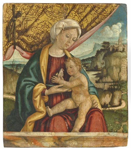 Madonna And Child With A Goldfinch In A Landscape Oil Painting by Pietro Paolo Agabiti