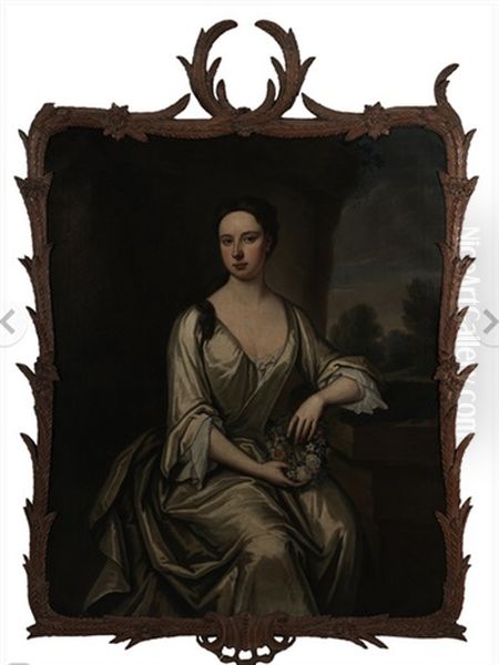 Portrait Of A Young Woman Holding A Wreath Of Flowers Oil Painting by Charles d' Agar