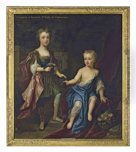 Double Portrait Of Lady Henrietta And Lady Mary Godolphin, Daughters Of Francis, 2nd Earl Of Godolphin, The Former Standing In Classical Dress With A... Oil Painting by Charles d' Agar