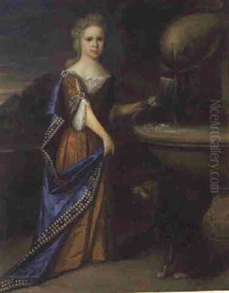 Portrait Of A Girl, Full-length, In A Gold Dress Oil Painting by Charles d' Agar