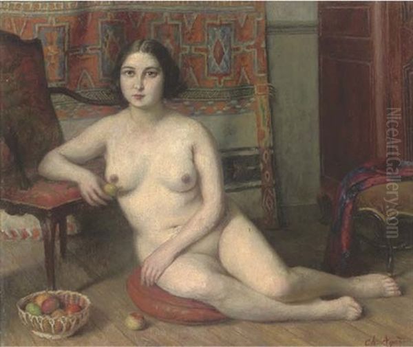 A Seated Female Nude In An Interior Beside A Bowl Of Apples Oil Painting by Charles-Jean Agard