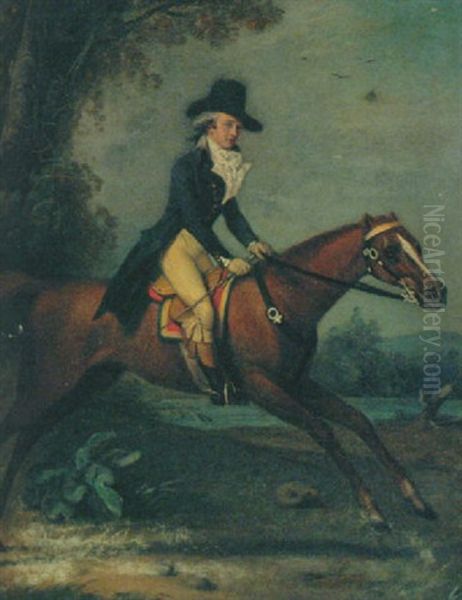 Portrait Of Gaston De Grieu, In A Grey Coat And Brown Breeches, On A Chesnut Horse, In A Landscape Oil Painting by Jacques-Laurent Agasse
