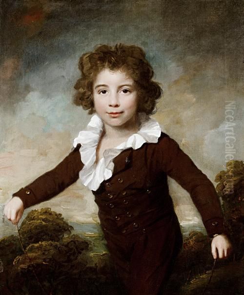 Portrait Of A Young Boy, Three-quarter-length, In A Brown Coat And Breeches, Holding A Skipping Rope Before A Landscape Oil Painting by Lemuel-Francis Abbott