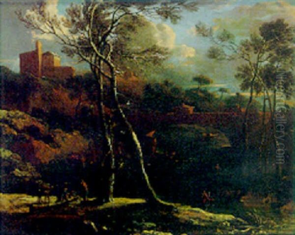 A River Landscape With Peasants Gathering Wood On A Bank, A Bridge Beyond Oil Painting by Christoph Ludwig Agricola