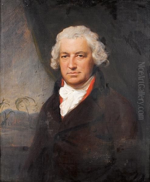 Portrait Of Bryan Edwards (1743-1800),half-length, In A Brown Coat, Seated Before A Green Curtain, A Viewto A Caribbean Landscape Beyond Oil Painting by Lemuel-Francis Abbott