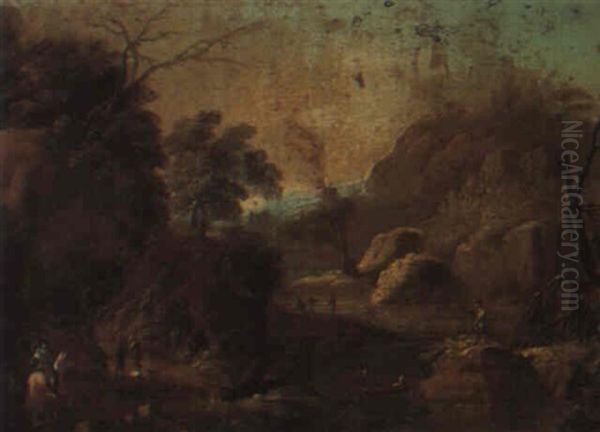 Wooded River Landscape With Numerous Figures Oil Painting by Christoph Ludwig Agricola