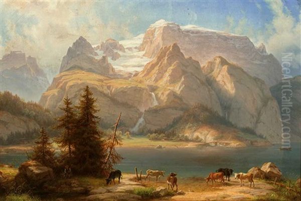 Am Ausersten Vordergrund Des Bildes Hat Sich Ein Kuhhirte Mit Seiner Herde Im Schatten Einiger Tannenbaume Zur Rast Niedergelassen Und Die Kuhe Zur Tranke An Das Seeufer Getrieben Oil Painting by Eduard Agricola