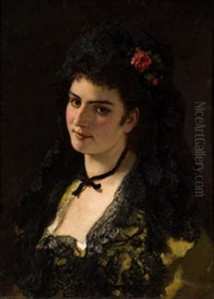 Retrato Dama Con Rosa Oil Painting by Manuel Cabral Cabral y Aguado Bejarano