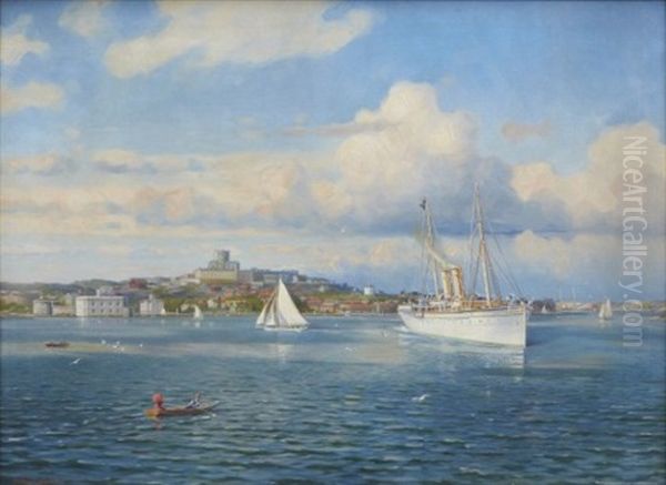 Carlstens Fastning Med Orlogsfartyget Hms Drott Vid Marstrands Sodra Inlopp Oil Painting by Arvid Magnus Ahlberg