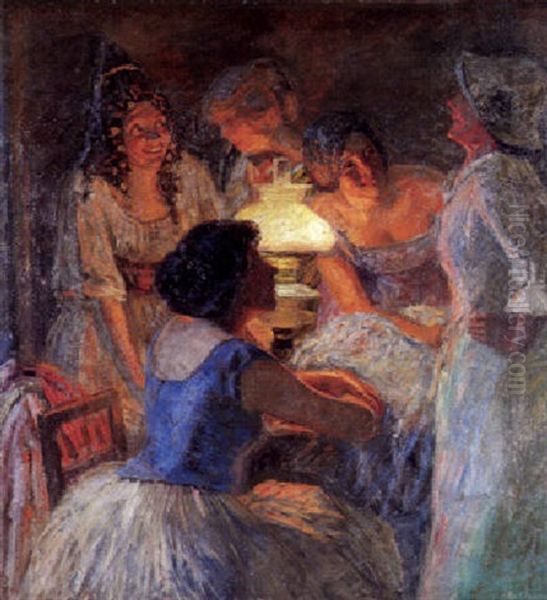 Interior Med Unge Piger Omkring En Petroleumslampe Oil Painting by Christian Aigens