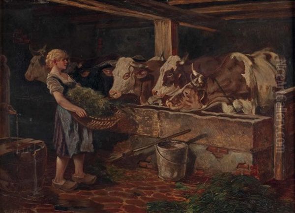 Bauernmadchen Mit Heukorb Im Kuhstall Oil Painting by Richard Aigner