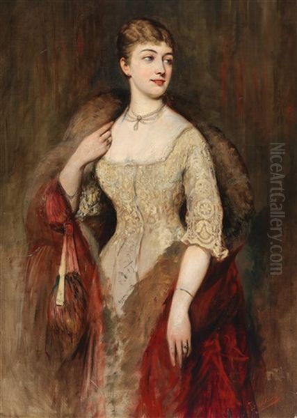 Portrait Of A Society Lady, Half-length (probably Soprano Jozefine Reszke) Oil Painting by Tadeusz Ajdukiewicz