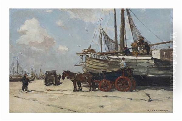 Unloading The Bomschuit On The Scheveningen Beach Oil Painting by Johannes Evert Hendrik Akkeringa