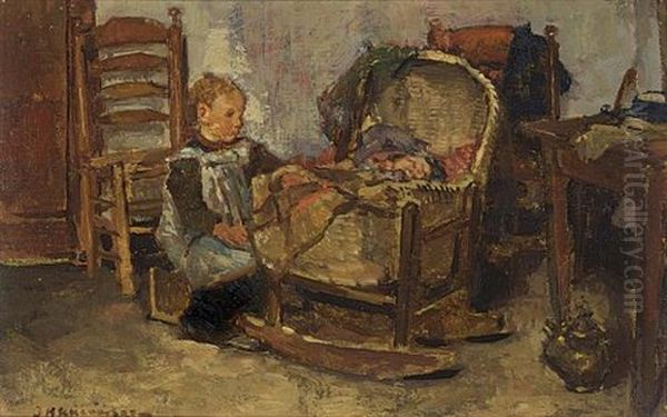 By The Cradle Oil Painting by Johannes Evert Hendrik Akkeringa