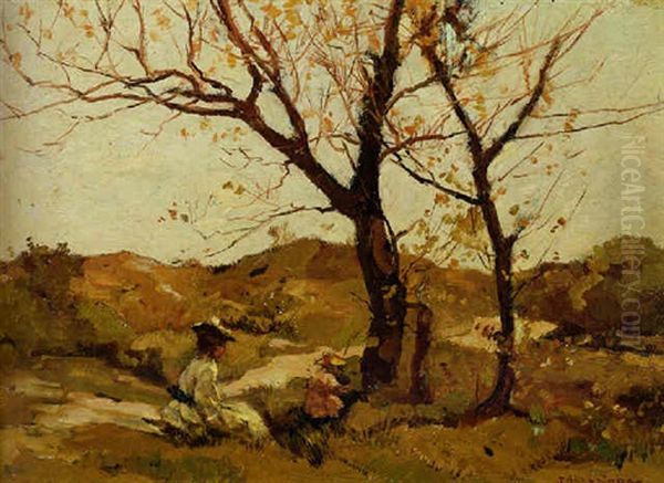 A Mother And Child In An Autumnal Dune Landscape Oil Painting by Johannes Evert Hendrik Akkeringa