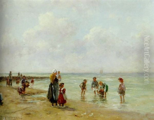 A Sunny At The Beach Oil Painting by Johannes Evert Hendrik Akkeringa