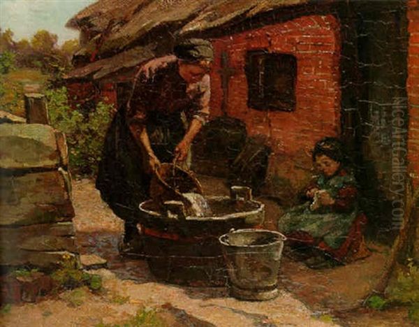 A Sunlit Farmyard With A Peasant Woman Filling A Washing Tub And A Young Girl Playing Oil Painting by Johannes Evert Hendrik Akkeringa