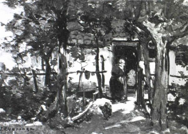 A Farm Yard Oil Painting by Johannes Evert Hendrik Akkeringa