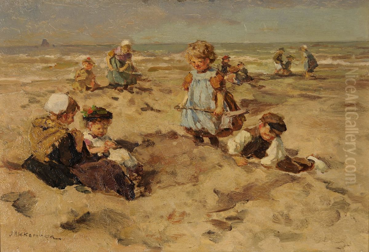 Children On The Beach Oil Painting by Johannes Evert Hendrik Akkeringa