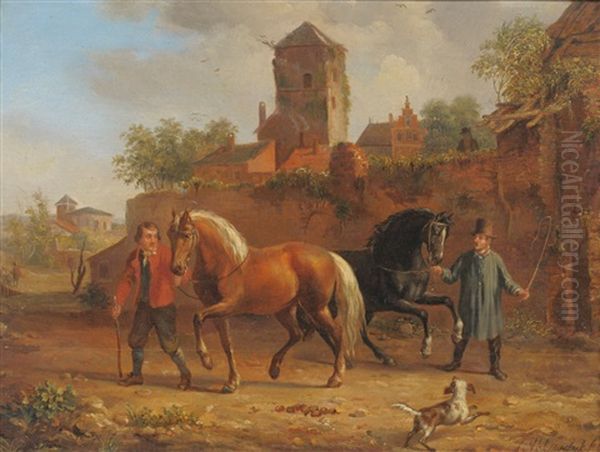 Two Figures With Horses And A Dog, With Buildings Nearby Oil Painting by Jacob Akkersdijk