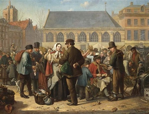 Many Figures On The Nieuwe Markt In Rotterdam Oil Painting by Jacob Akkersdijk