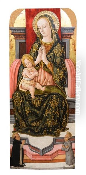 Madonna And Child Enthroned With Saint Vincentes Ferre And Bernardinus Oil Painting by Pietro Alamanno