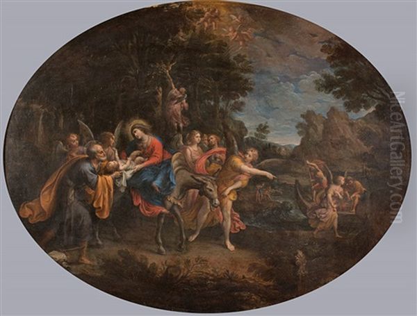 The Holy Family's Flight Into Egypt Accompanied By Hosts Of Angels Oil Painting by Francesco Albani