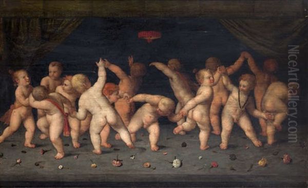 A Frieze Of Disporting Bambini On A Flower Head Strewn Stage Oil Painting by Francesco Albani