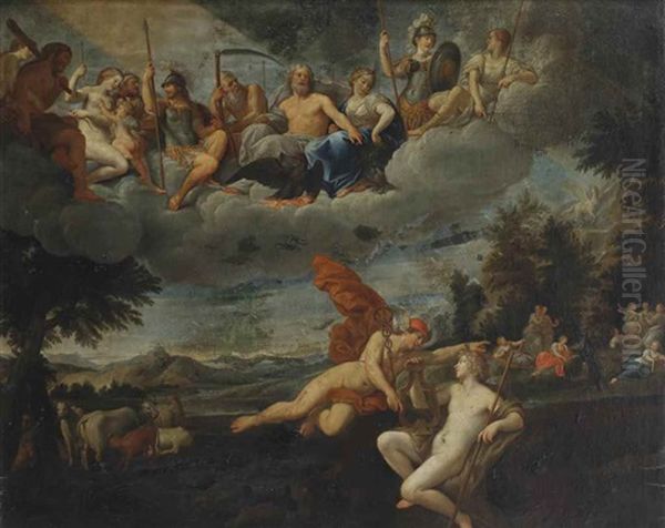 The Realm Of Heaven, Mercury Presents Apollo With A Lyre As A Peace Offering Oil Painting by Francesco Albani
