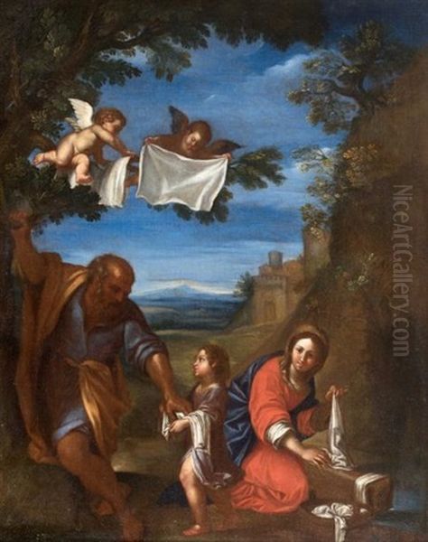 Le Repos De La Sainte Famille, Dit La Laveuse. La Vierge Lave Des Linges Que Saint Joseph Donne A Deux Anges Afin Qu'ils Les Mettent A Secher Sur Les Branches D'un Arbre Oil Painting by Francesco Albani