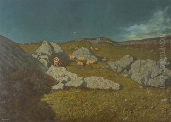 Gregge Con Pastore Oil Painting by Oreste Albertini