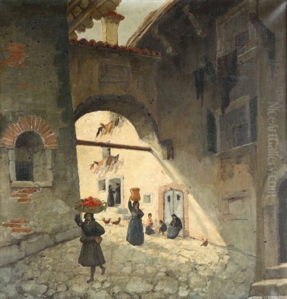 Veduta Con Popolane Oil Painting by Gino Albieri