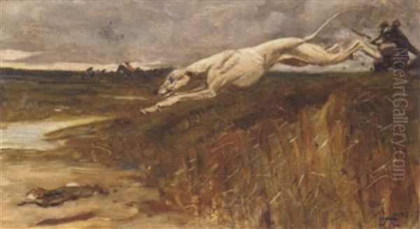A Greyhound Chasing A Rabbit Oil Painting by Cecil Charles Aldin