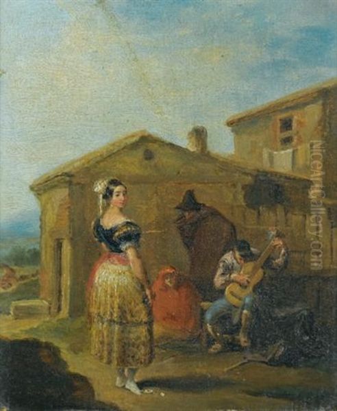 A Woman At A Balcony; A Woman Standing Before A Musical Group (pair) Oil Painting by Leonardo Alenza Y Nieto