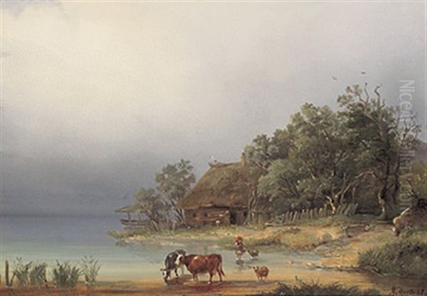 Idyllische Seelandschaft Mit Kuhen An Der Tranke Und Reetgedecktem Bauernhaus Mit Nistenden Storchen Oil Painting by Rudolf Alers