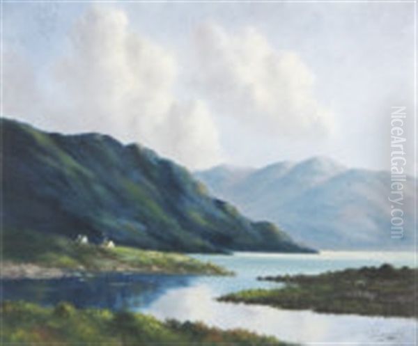Cottages By A Lough, Connemara Oil Painting by Douglas Alexander