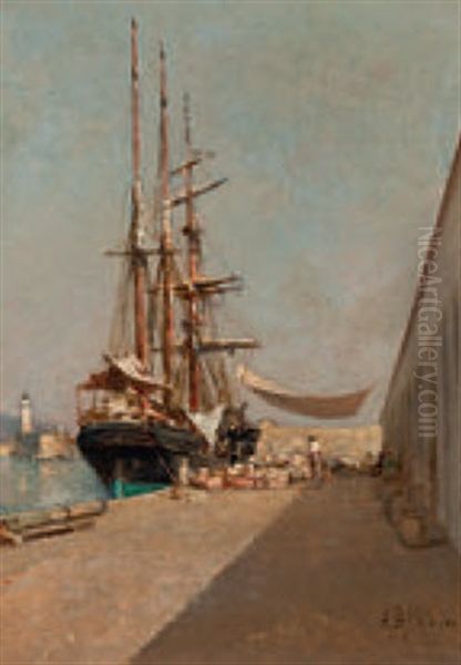 Hafen Mit Dreimaster Oil Painting by Jean D'Alheim