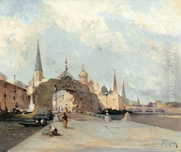 Blick Auf Eine Russische Stadt Mit Brucken Oil Painting by Jean D'Alheim