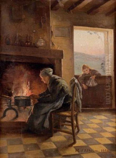 Au Coin Du Feu Oil Painting by Jean D'Alheim