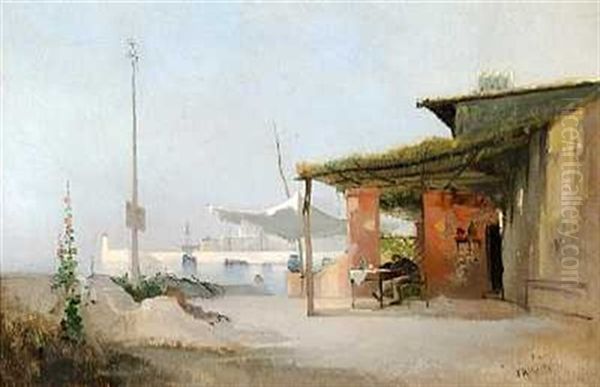 Taverne Ved Middelhavet. Til Venstre Blomstrende Stokroser Oil Painting by Jean D'Alheim