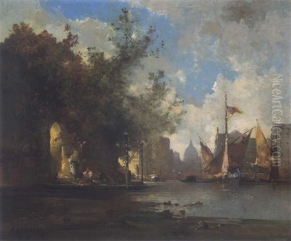 Sonniger Kanal In Venedig Oil Painting by Jean D'Alheim