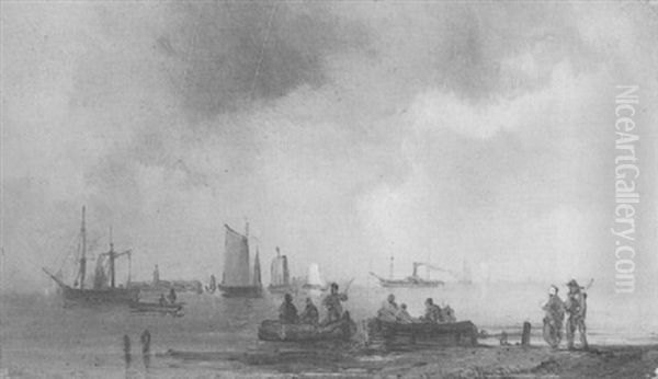 Kustenszene Mit Ruderbooten, Segelbooten Und Dampfer Oil Painting by Jean D'Alheim