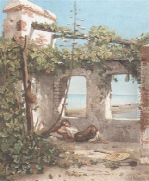A Mediterranean Courtyard With A Woman Resting In The Shade Oil Painting by Jean D'Alheim