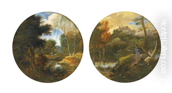 Paysages Boises Animes De Personnages (pair) Oil Painting by Etienne Allegrain