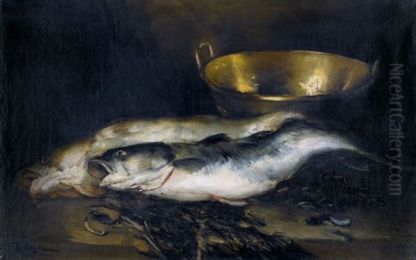 Stillleben Mit Zwei Weissfischen Oil Painting by Raymond Allegre