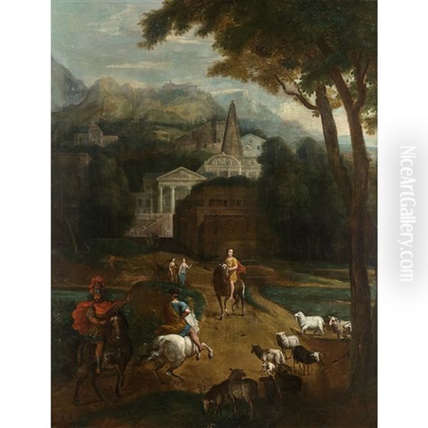 Cavaliers Devant Une Ville Antique Oil Painting by Francesco Allegrini