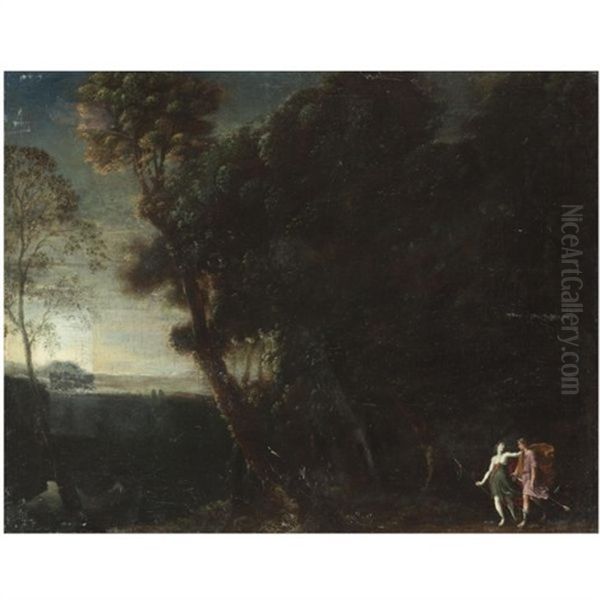 A Wooded Landscape With Two Hunters (cephalus And Procris?) Oil Painting by Francesco Allegrini