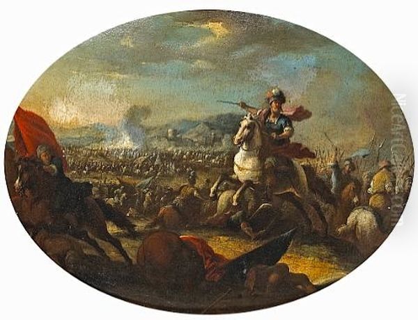 A Battle Scene With A Mounted Warrior In The Foreground Oil Painting by Francesco Allegrini